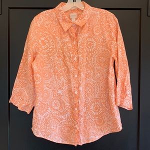 Chico's Peach & White No-Iron Linen Shirt. Chico's Size 1/Ladies Size 8